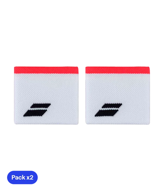 Muñequeras Babolat Blancas Logo Negro Franja Roja (Pack x2)